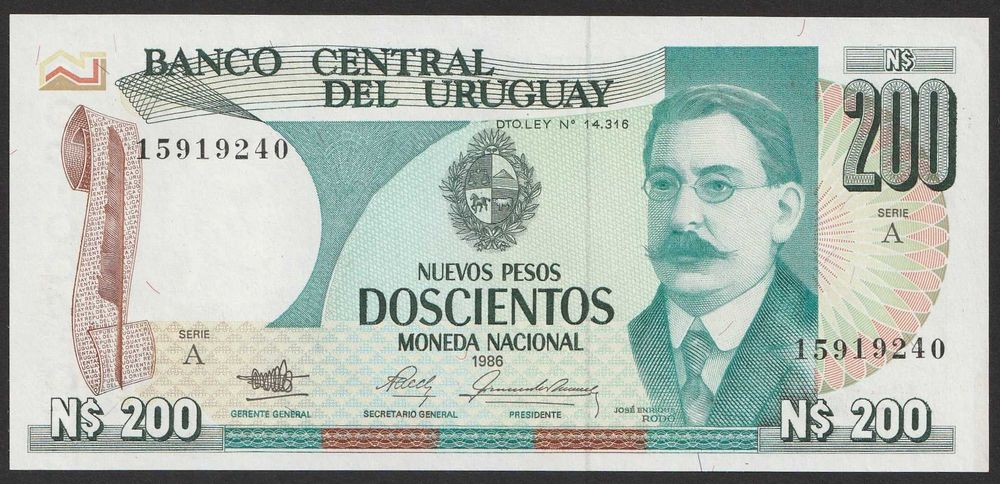 Urugwaj 200 pesos 1986 - Jose Enrique Rodo - stan bankowy UNC