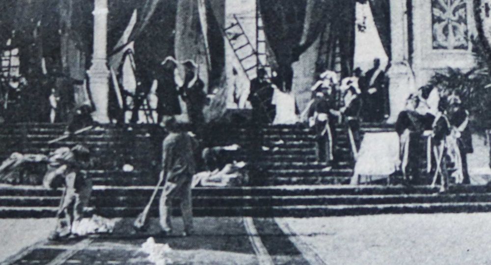 Últimos retoques na tribuna chegada Eduardo VII 1903