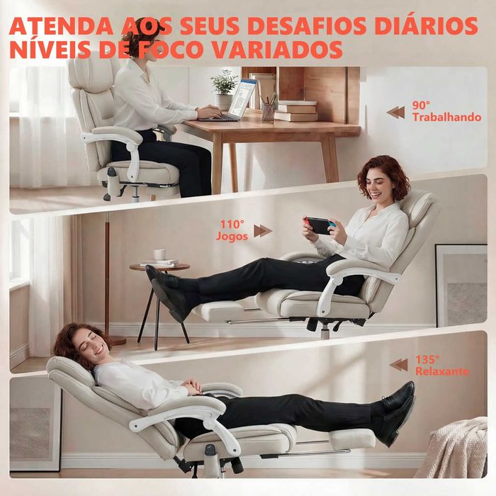 Cadeira de Escritório Reclinável com Massagem Vibratória Aquecimento Lombar Apoio de Cabeça Ajustável Apoio para os Pés Creme
