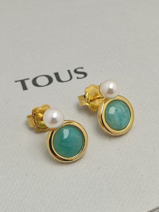 Kolczyki z misiem żółte srebro vermeil 925 amazonit i perła