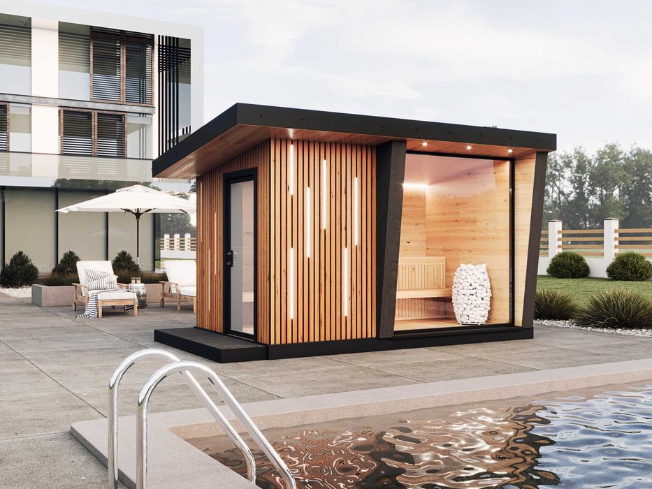 Nowoczesna sauna ogrodowa S1 DELUXE, Modrzew, sucha, zewnętrzna