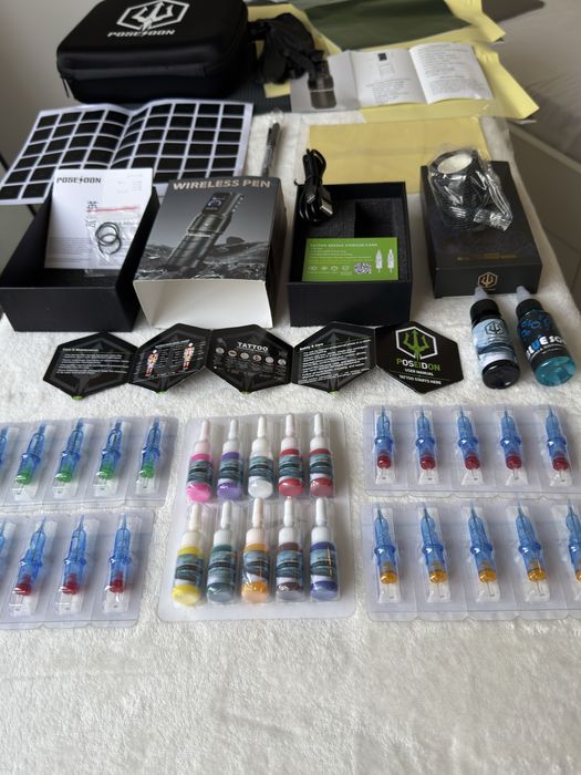 Kit Tatuagem Profissional COMPLETO | Máquina Pen Sem fios, Pele Treino, Instruções, Stroke Regulável