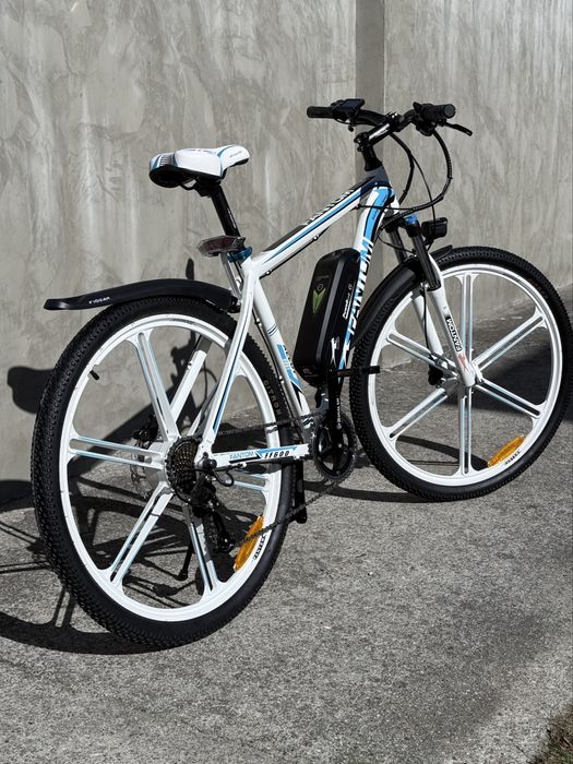 Rower elektryczny MTB biało niebieski 14Ah, bateria LG, napęd Shimano