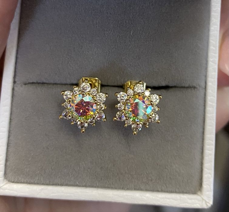 Срібні сережки з діамантами муасанітами колір веселка 0.5 ct*2. Сертифікат