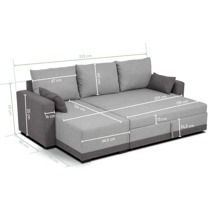 Sofá-cama de 3 lugares com chaise longue reversível - cinzento grafite