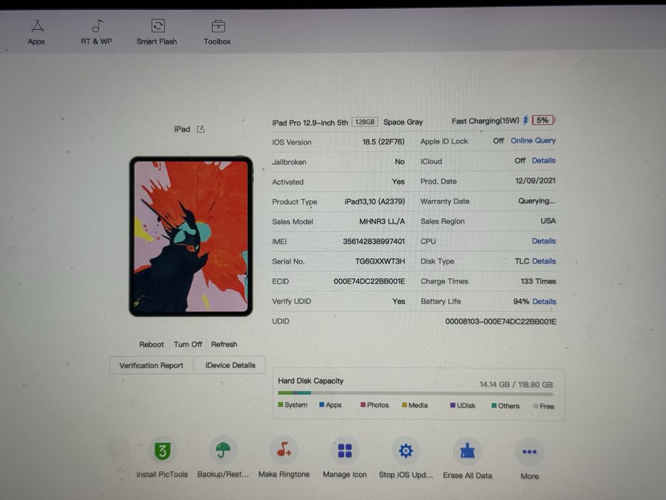 94% Аккум IPad Pro 12.9" 5Gen 128Gb Wi-Fi+ LTE Space Gray Сим карта