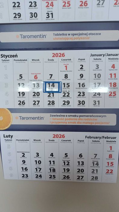 Kalendarz trójdzielny na 2026 rok.