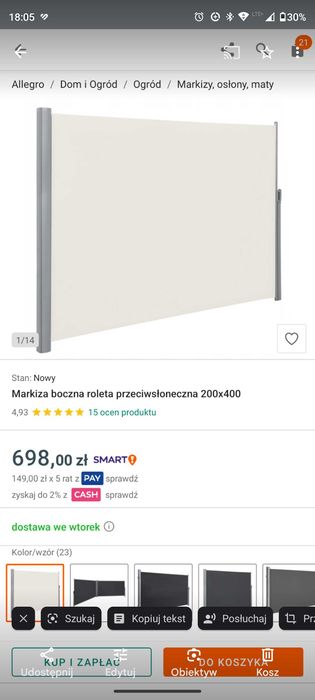 Markiza boczna taras