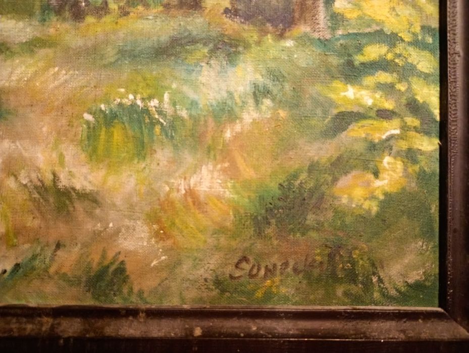 Obraz olejny na plotnie stary sygnowany pejzaz las drewniana rama 30x60 cm
