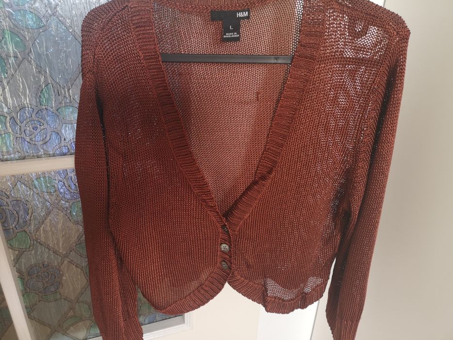 Sweterek -  bolerko, H&M, brązowy z błyszczącą nitką, krótki, rozm.. L