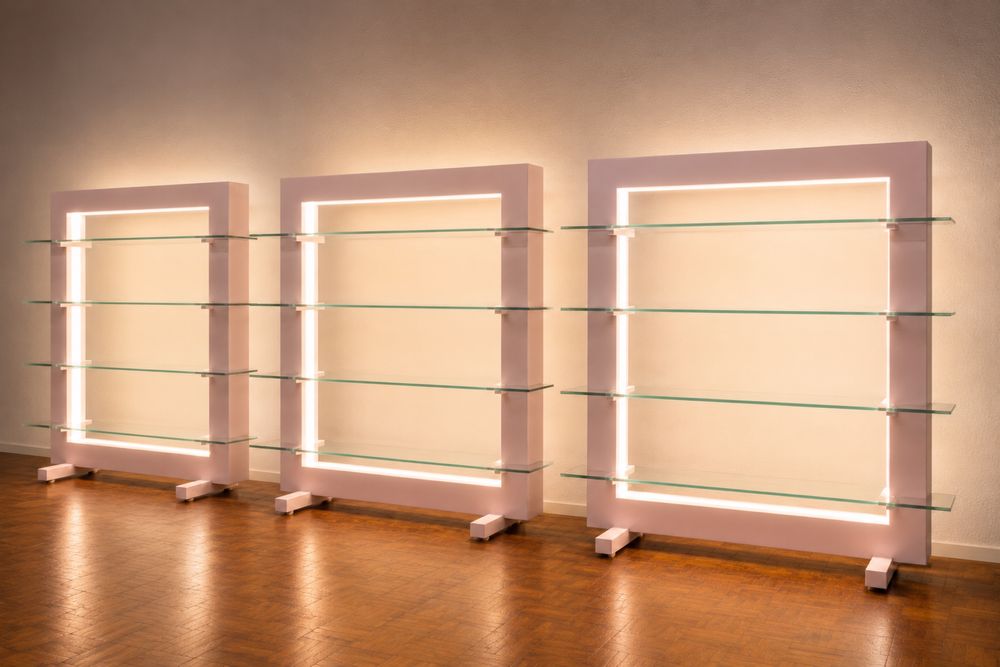Estante moderna branca com LED e vidro temperado | 140x120 cm | Com rodas