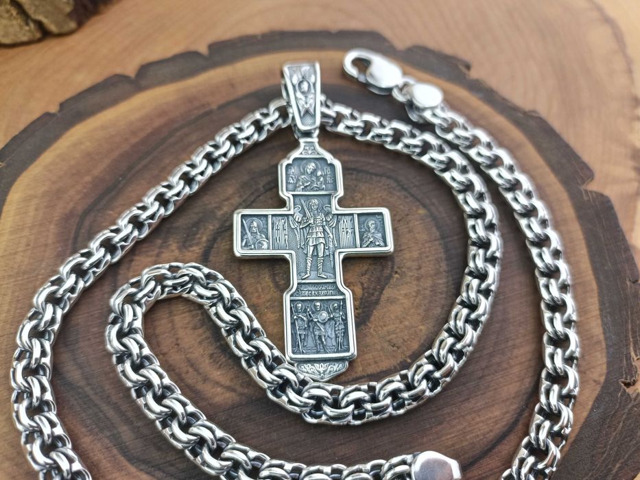 Серебряная цепочка Бисмарк и серебряный крест. Ланцюг Бісмарк хрест