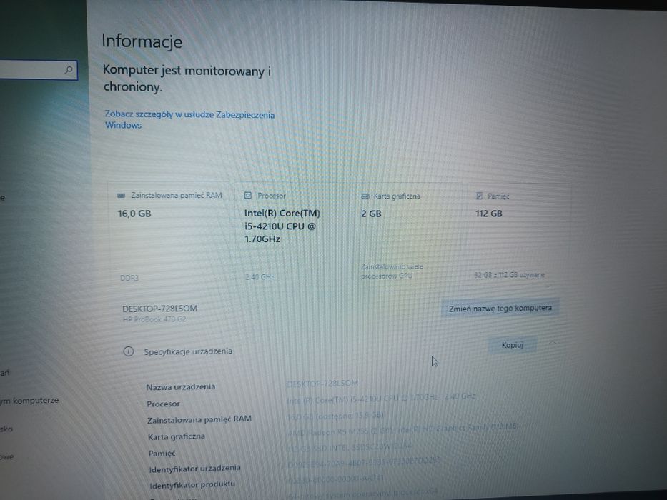 HP ProBook 16GB, dysk SSD, i-5, monitor 17