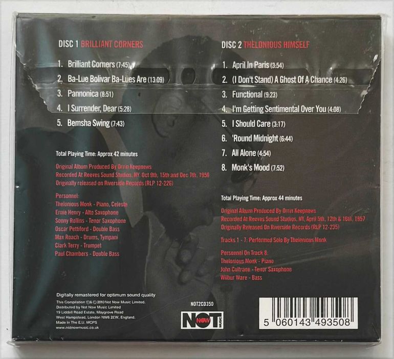 2CD_THELONIOUS MONK, Brilliant Corners. Disc 1: Brilliant Corners; Disc 2: Thelonious Inself. Novo e selado.
