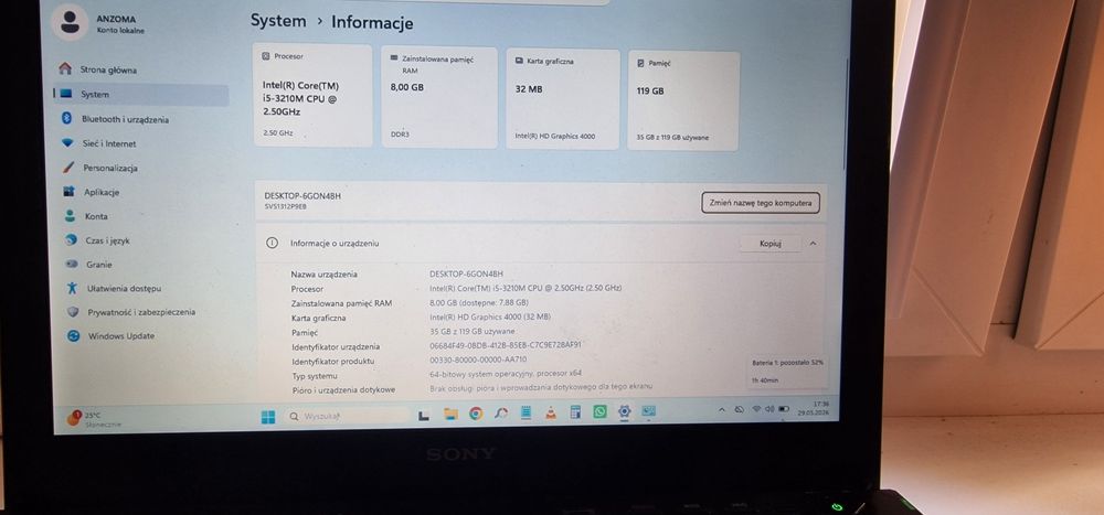 laptop Sony Vaio SVS13E1EM i3 ssd