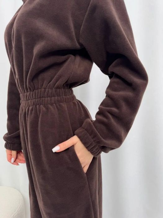 Трендовий флісовий комбінезон шоколадний костюм на блискавці палаццо