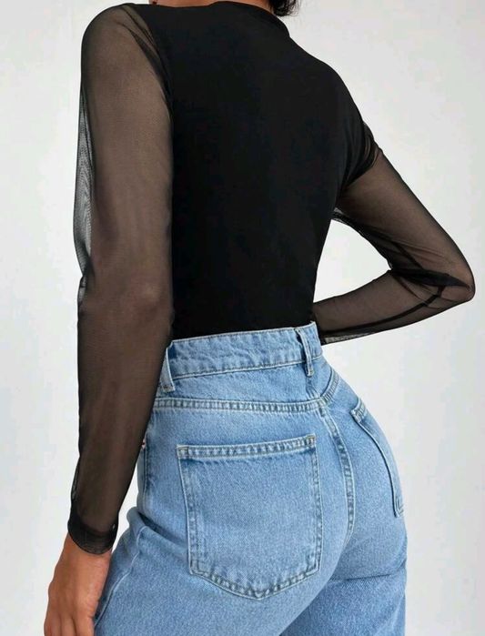 Bluzka czarna z tiulowymi rękawami Shein