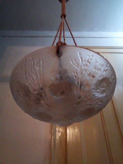 Antique Lamp with Silk Cord Suspension and Translucent Glass Bowl