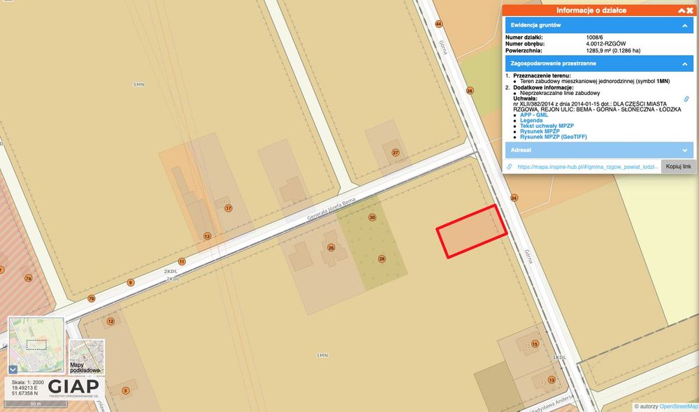 Działka budowlana Rzgów ul.Bema/ul.Górna
