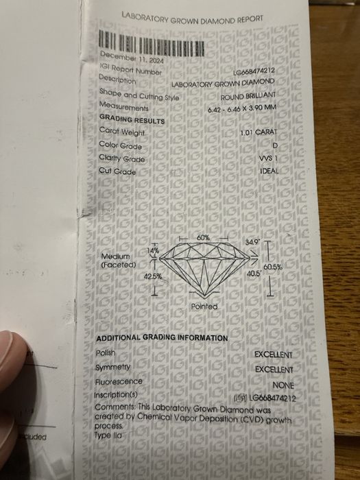 Diament Brylant IGI, 1.01 ct, D, VVS1, Ideal