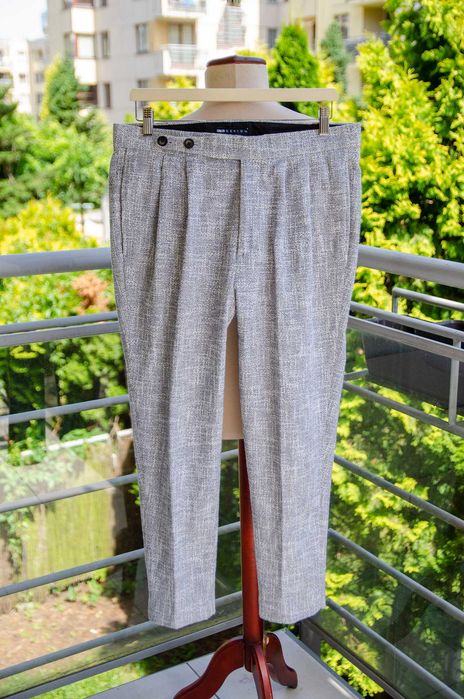 Lekkie dandysie spodnie Asos r50, bawełna, zakładki, przedłużony pas, wysoki stan