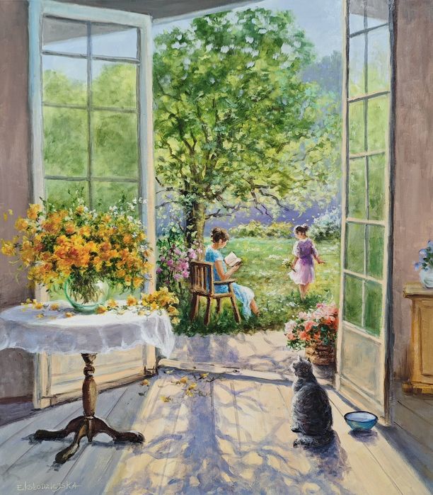 Obraz Olejny Relaks w ogrodzie - Elżbieta Kołodziejska