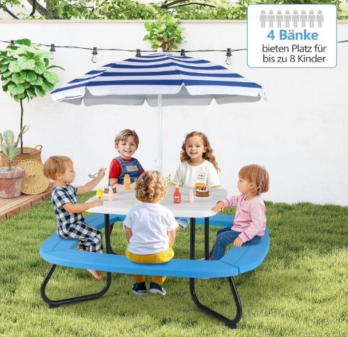 Zestaw Piknikowy Dla Dzieci 8 Osób Stół + Parasol + 4 Ławki HDPE