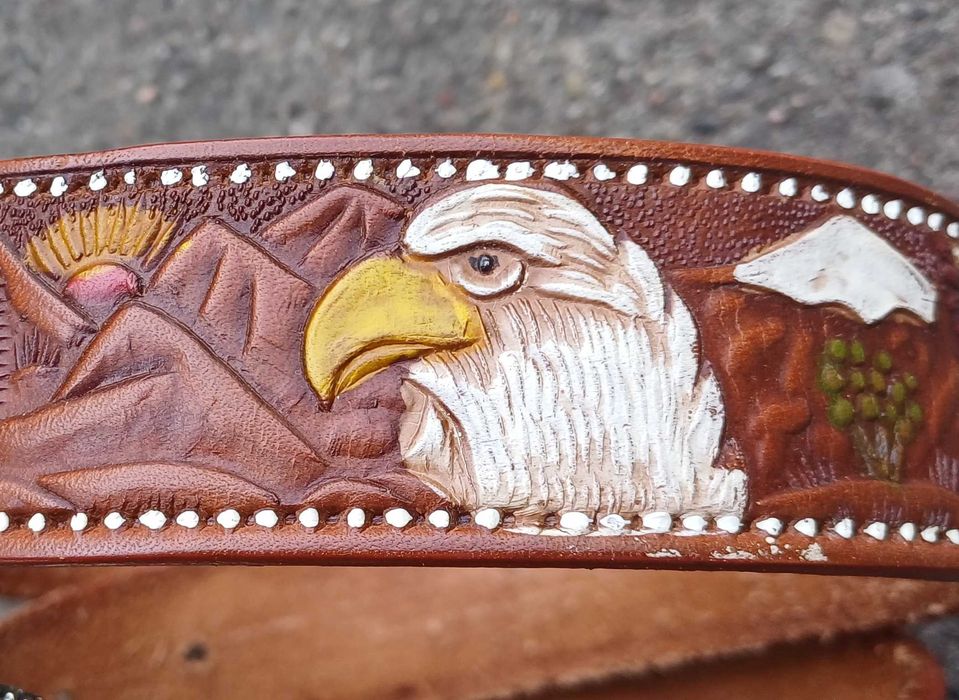 Skórzany westernowy pasek cowboy kowbojski wytłaczany orzeł