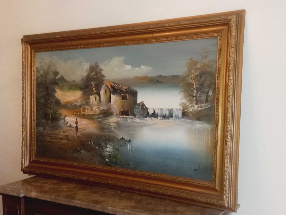 Quadro pintura a óleo, tema rural 129 x 79 cm