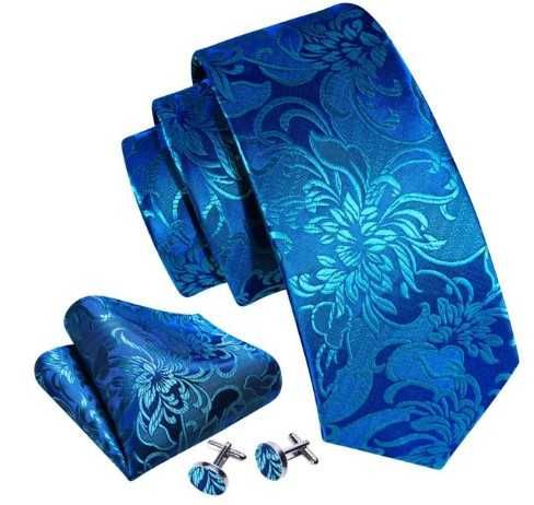 Nowy ZESTAW JEDWAB Krawat Poszetka Spinki NIEBIESKI turkus