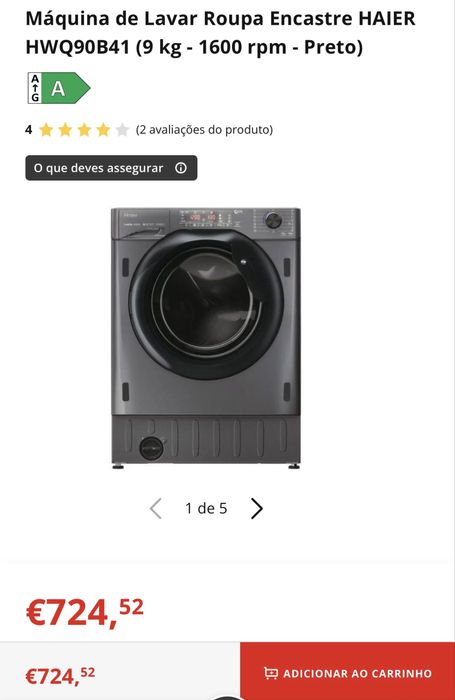 Maquina de lavar a roupa nunca usada de encastrar haier 9kg/1600rpm