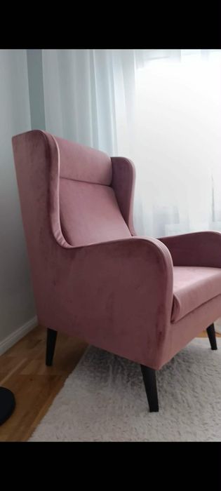 Fotel uszak welurowy, brudny róż, styl Boho/Glamour/Skandynawski