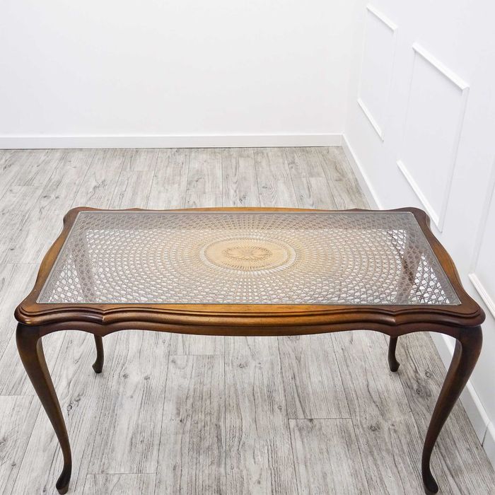 Stolik drewniany BUK ŁAWA styl Chippendale szklany BLAT RAFIA lata 60.