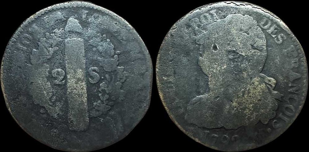 2 Sols - 1792 - França - Luís XVI - "François" (Escassa)