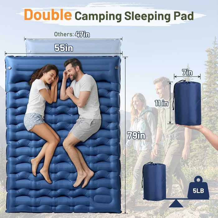 Colchão inflável duplo para camping, ultraleve, com 15 cm de espessura, para 2 pessoas, com bomba de pé e travesseiro embutidos.