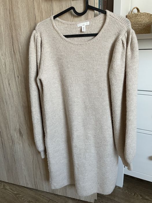 H&M Mama Sukienka z dzianiny w prążki beżowa M długi sweter ciążowy