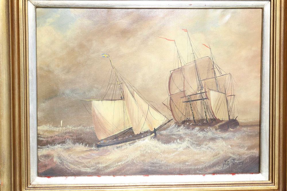 Quadro de JOÃO PEIXOTO Óleo s Tela Barcos Assinado 30 x 40 cm mancha