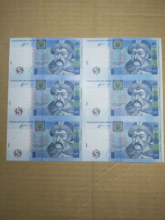Нерозрізаний лист банкнот 6 штук 2005 рік Стельмах