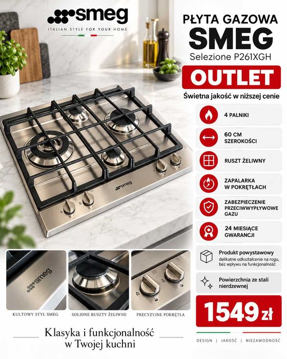 Płyta gazowa Smeg Selezione P261XGH OUTLET gwarancja