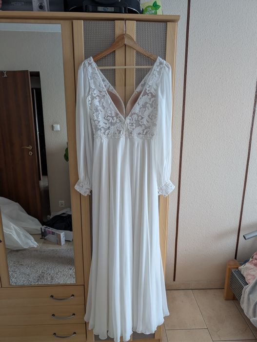 Suknia ślubna muślinowa śmietankowa błyszcząca 36/38 170cm