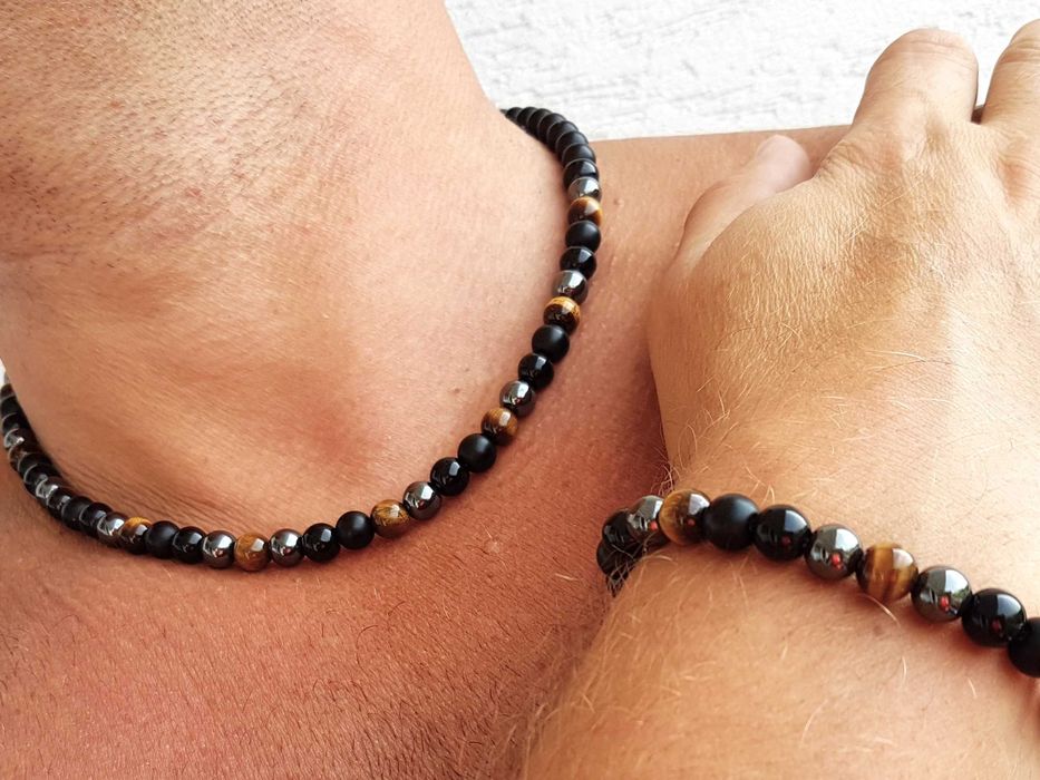 MĘSKI NASZYJNIK  I BRANSOLETKA komplet onyks tygrysie oko hematyt hit