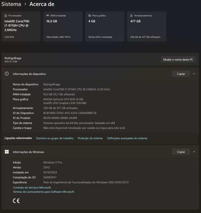 Dell XPS 15 (7590) i7 4K OLED GTX1650 16GB 512GB Teclado Português
