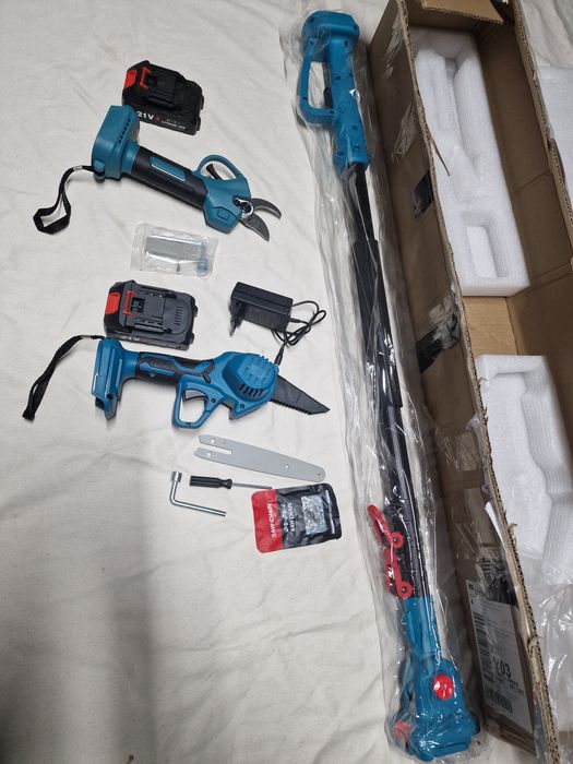 conjunto de ferramentas de poda sem fio, possivelmente um kit 3 em 1,