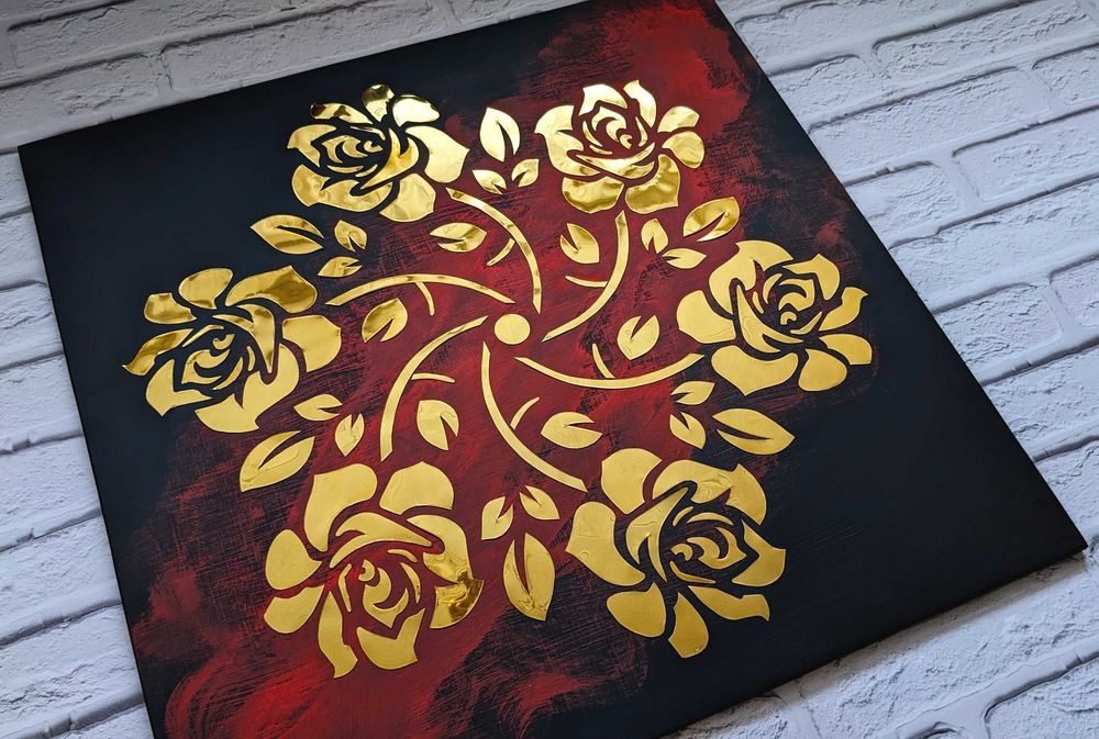 Картина золотая роза, панно из металла, зеркальное панно, арт металл