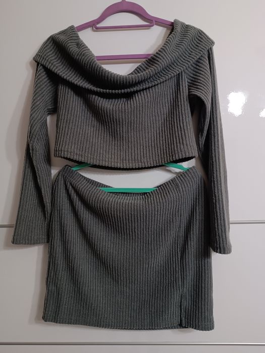 Top i spódnica prążek, szary komplet, zestaw