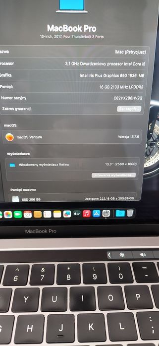 MacBook pro 13,3 ,i5, 16gb ram, SSD 256 rok 2018