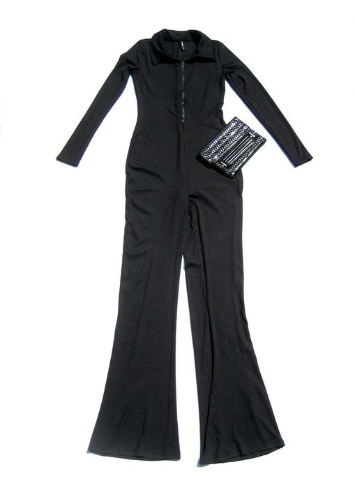 Чёрный длинный облегающий комбинезон в рубчик на молнии FB Sister S