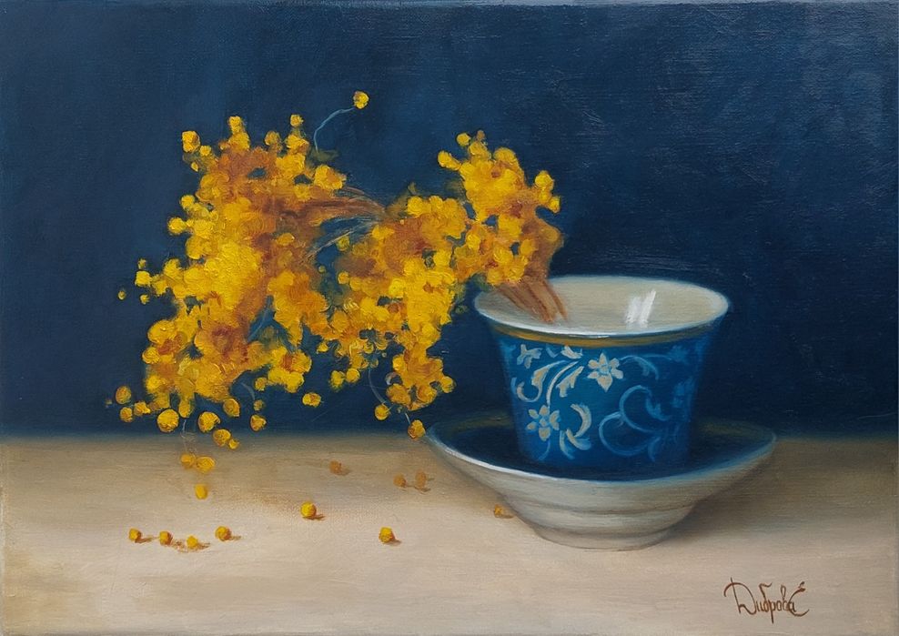 Картина маслом, натюрморт, цветы, Мимоза