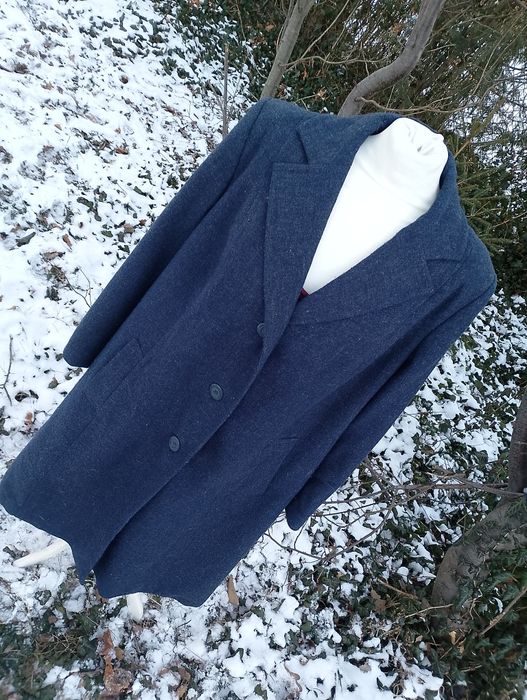 Niebieski długi wełniany płaszcz vintage M L lata 70 80