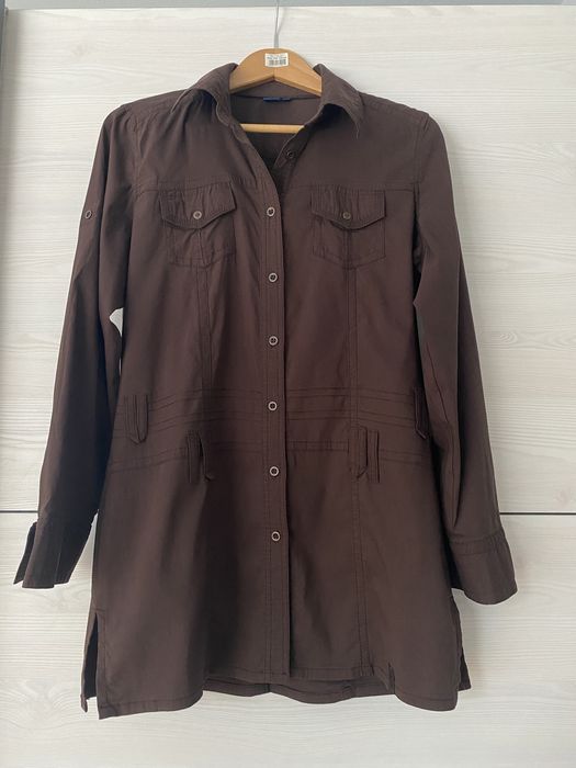 Damska dłuższa koszula tunika kieszonki podwijane rękawy przeszycia